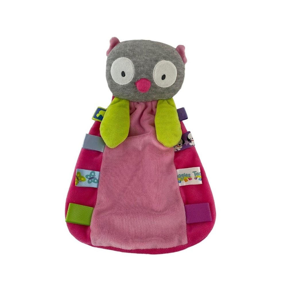 Taggies Grey Owl Lovey Pink Lime Green Baby Security Blanket Rattle‎ Tags